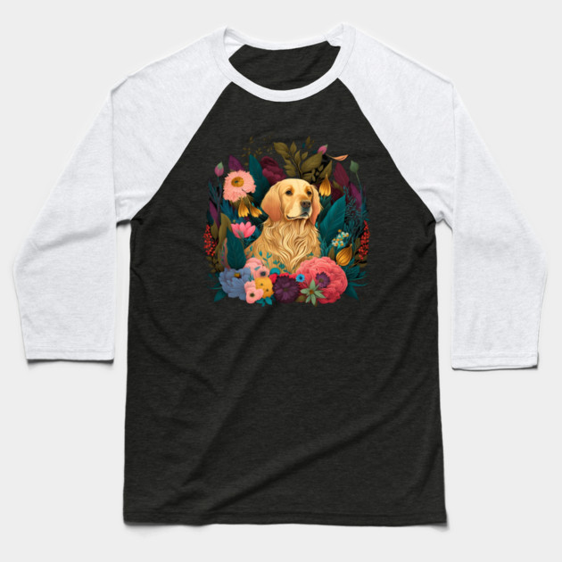Golden Retriever Dog, Floral Ornament, Dog Lover Baseball T-Shirt by logiamerch