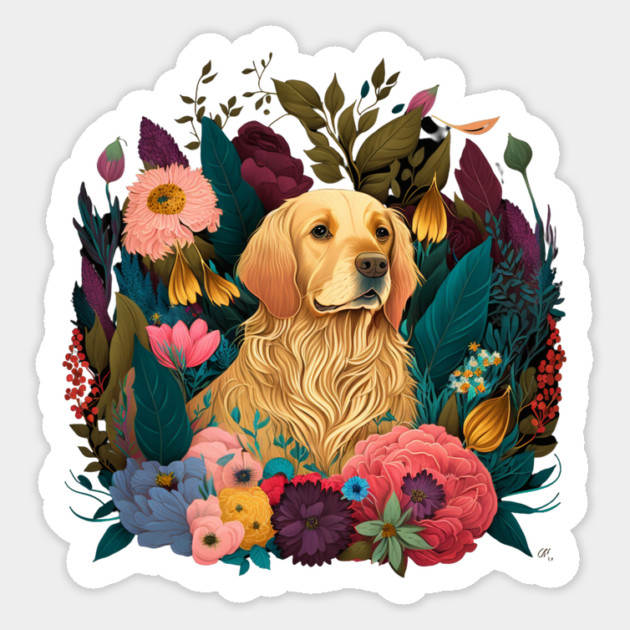 Golden Retriever Dog, Floral Ornament, Dog Lover Sticker by logiamerch
