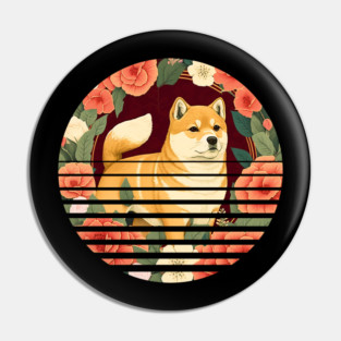 Shiba Inu Dog, Rose Ornament, Floral Style Pin