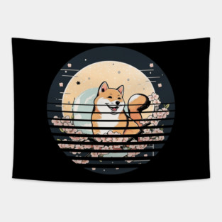 Shiba Inu Dog, Cherry Blossom, Japanese Style Tapestry