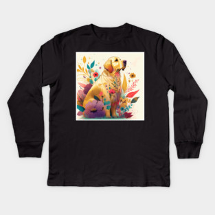 Golden Retriever Dog, Floral Design, Dog Lover Kids Long Sleeve T-Shirt