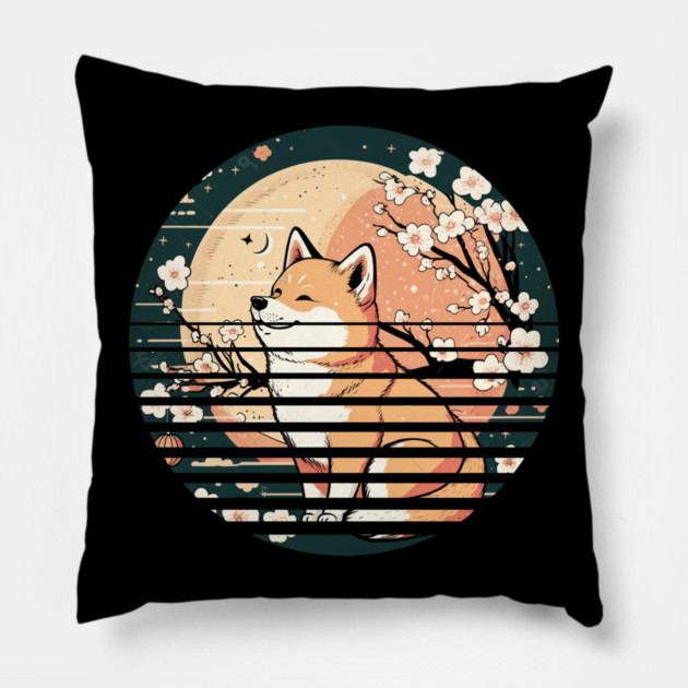 Shiba Inu Dog, Retro Sunset Style, Cherry Blossom, Japanese Pillow by logiamerch