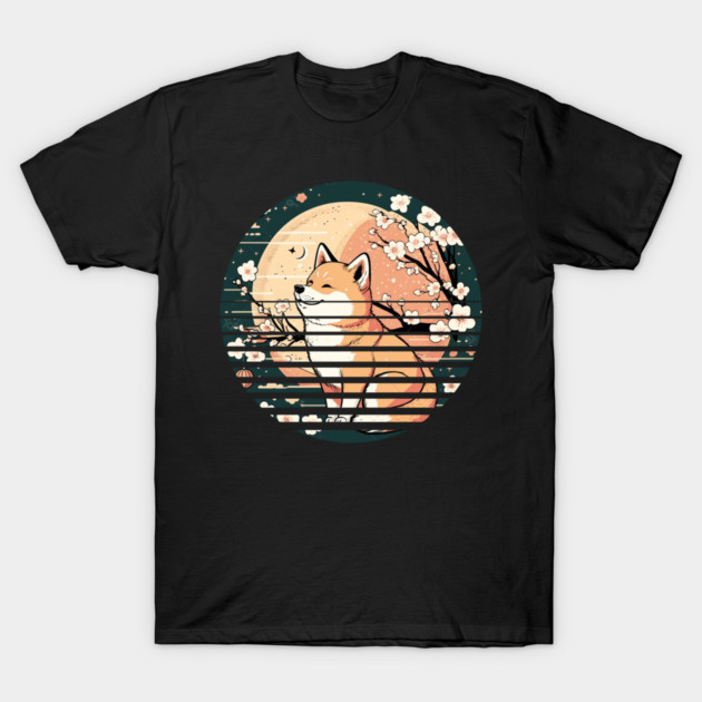 Shiba Inu Dog, Retro Sunset Style, Cherry Blossom, Japanese T-Shirt by logiamerch