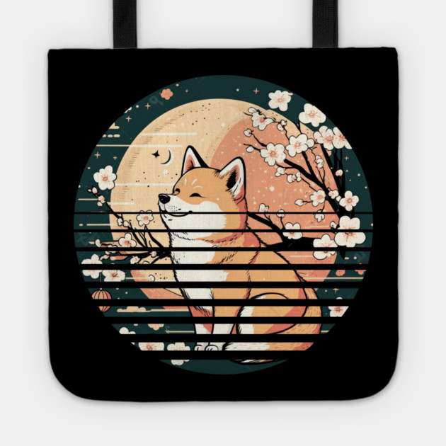 Shiba Inu Dog, Retro Sunset Style, Cherry Blossom, Japanese Tote by logiamerch