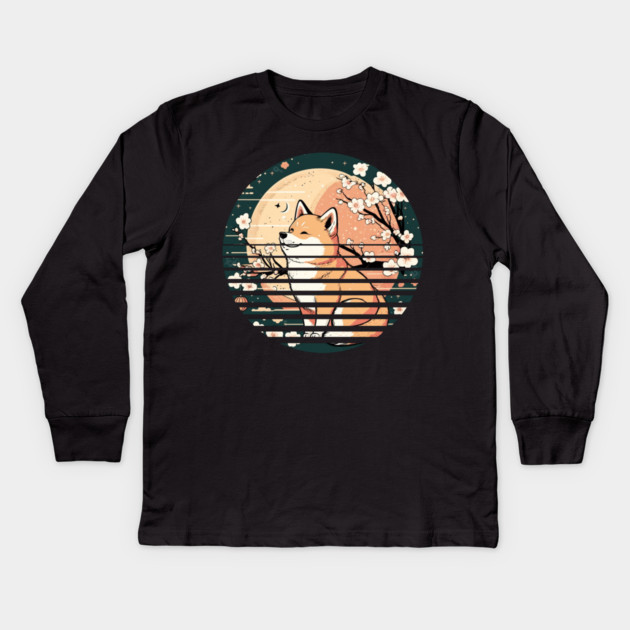 Shiba Inu Dog, Retro Sunset Style, Cherry Blossom, Japanese Kids Long Sleeve T-Shirt by logiamerch