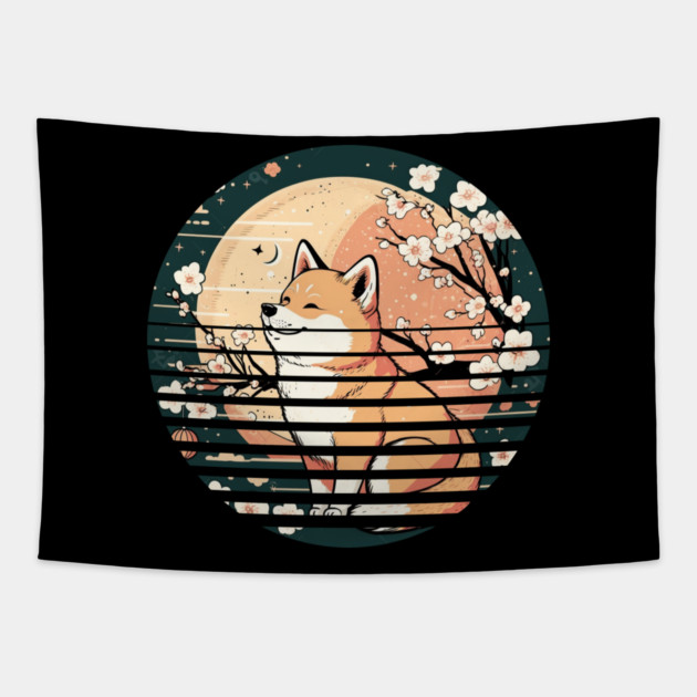 Shiba Inu Dog, Retro Sunset Style, Cherry Blossom, Japanese Tapestry by logiamerch