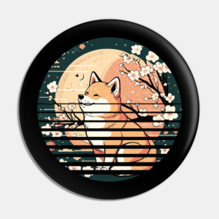 Shiba Inu Dog, Retro Sunset Style, Cherry Blossom, Japanese Pin