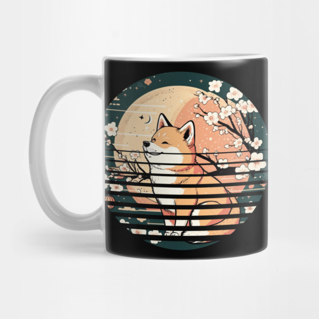Shiba Inu Dog, Retro Sunset Style, Cherry Blossom, Japanese by logiamerch