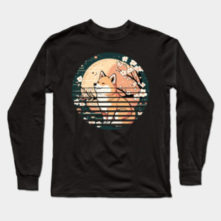 Shiba Inu Dog, Retro Sunset Style, Cherry Blossom, Japanese Long Sleeve T-Shirt