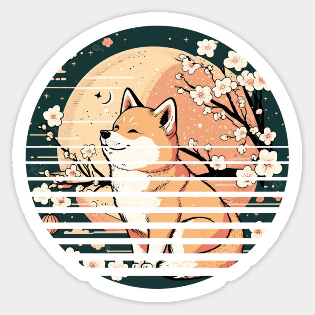 Shiba Inu Dog, Retro Sunset Style, Cherry Blossom, Japanese Sticker by logiamerch