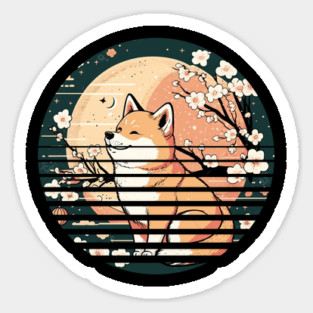 Shiba Inu Dog, Retro Sunset Style, Cherry Blossom, Japanese Magnet