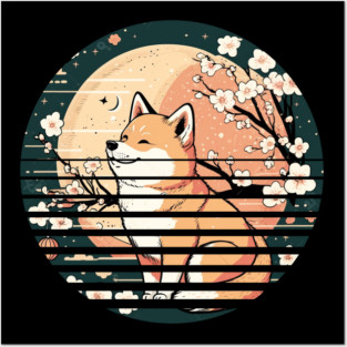 Shiba Inu Dog, Retro Sunset Style, Cherry Blossom, Japanese Posters and Art