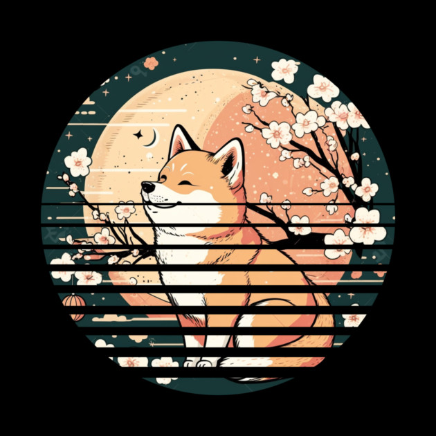 Shiba Inu Dog, Retro Sunset Style, Cherry Blossom, Japanese by logiamerch