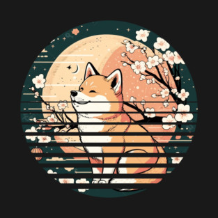 Shiba Inu Dog, Retro Sunset Style, Cherry Blossom, Japanese T-Shirt