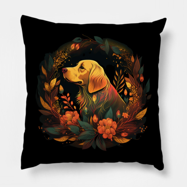 Golden Retriever Dog, Floral Ornament, Dog Lover Pillow by logiamerch