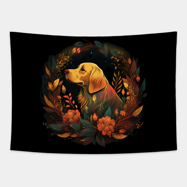 Golden Retriever Dog, Floral Ornament, Dog Lover Tapestry by logiamerch