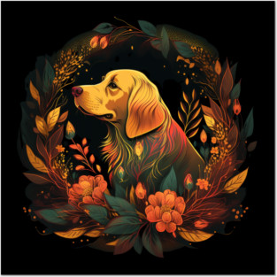 Golden Retriever Dog, Floral Ornament, Dog Lover Posters and Art