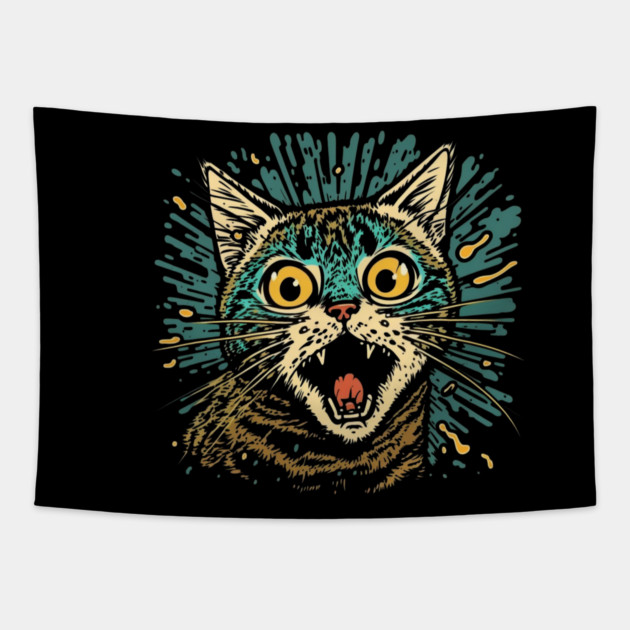 Funny Scared Cat Face, Cat Lover, Scaredy Cat Tapestry by logiamerch