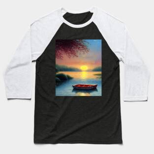 Lakeside Sunset Boat View Baseball T-Shirt