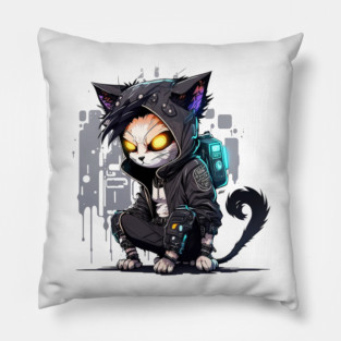 Hacker Cat Cyberpunk Pillow