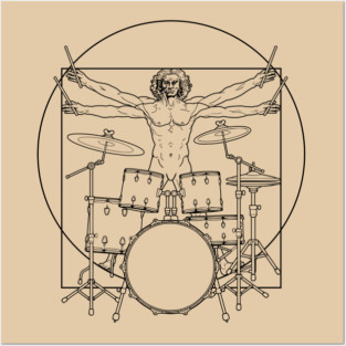 Virtuvian Man Drummer Black Posters and Art
