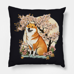 Shiba Inu Dog, with Cherry Blossom Moon, Dog Lover Pillow
