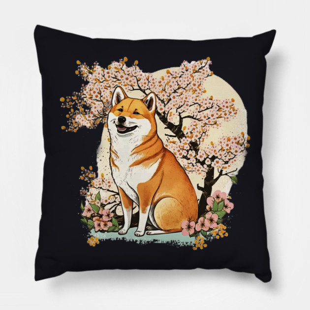 Shiba Inu Dog, with Cherry Blossom Moon, Dog Lover Pillow by logiamerch