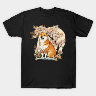 Shiba Inu Dog, with Cherry Blossom Moon, Dog Lover T-Shirt