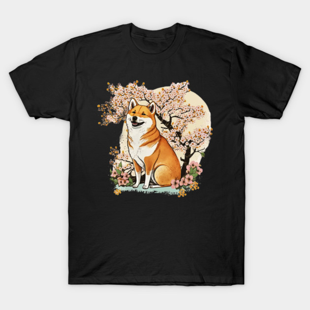 Shiba Inu Dog, with Cherry Blossom Moon, Dog Lover T-Shirt by logiamerch