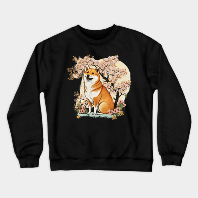 Shiba Inu Dog, with Cherry Blossom Moon, Dog Lover Crewneck Sweatshirt by logiamerch