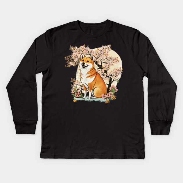 Shiba Inu Dog, with Cherry Blossom Moon, Dog Lover Kids Long Sleeve T-Shirt by logiamerch