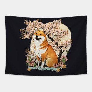 Shiba Inu Dog, with Cherry Blossom Moon, Dog Lover Tapestry