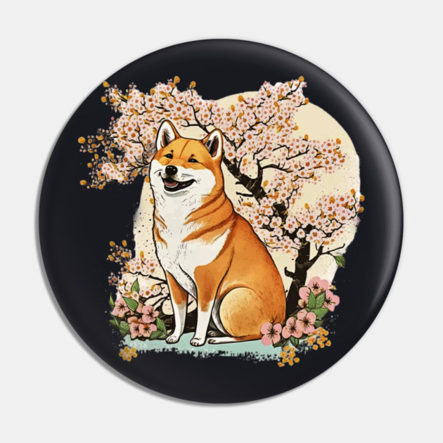Shiba Inu Dog, with Cherry Blossom Moon, Dog Lover Pin by logiamerch