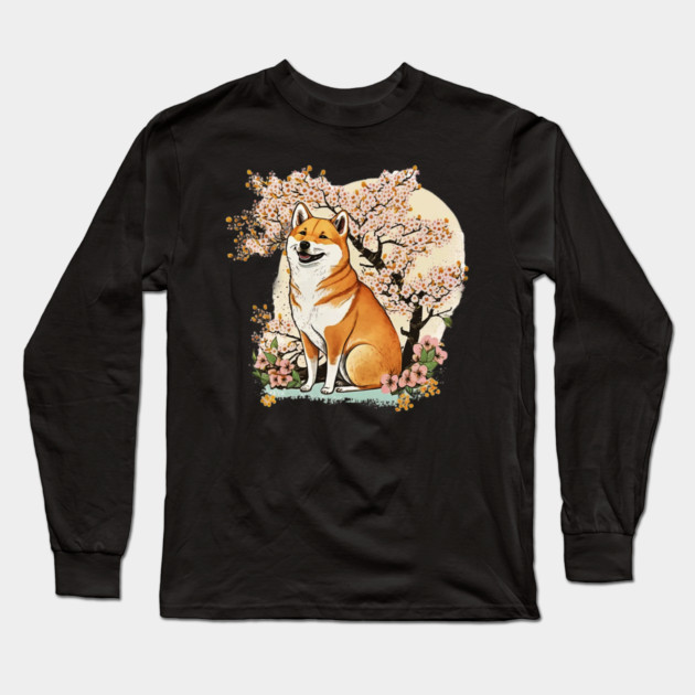 Shiba Inu Dog, with Cherry Blossom Moon, Dog Lover Long Sleeve T-Shirt by logiamerch