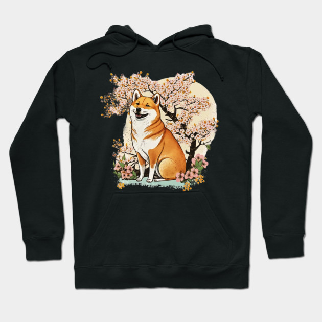 Shiba Inu Dog, with Cherry Blossom Moon, Dog Lover Hoodie by logiamerch