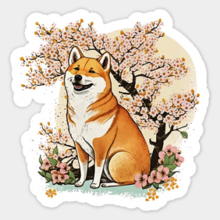 Shiba Inu Dog, with Cherry Blossom Moon, Dog Lover Sticker