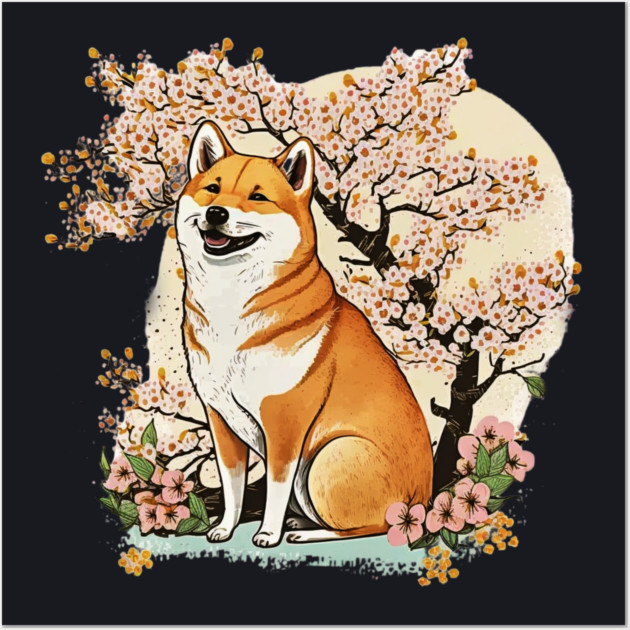 Shiba Inu Dog, with Cherry Blossom Moon, Dog Lover Wall Art by logiamerch