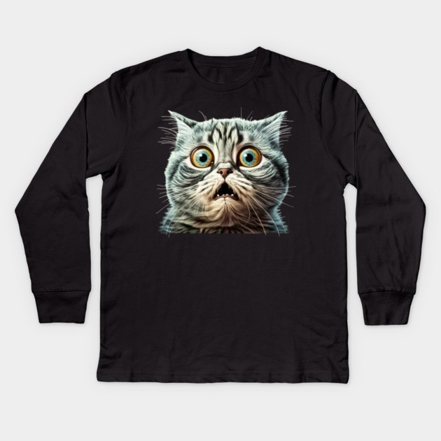 Funny Scared Cat Face, Cat Lover, Scaredy Cat Kids Long Sleeve T-Shirt by logiamerch