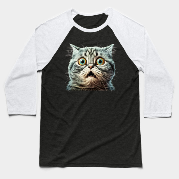 Funny Scared Cat Face, Cat Lover, Scaredy Cat Baseball T-Shirt by logiamerch