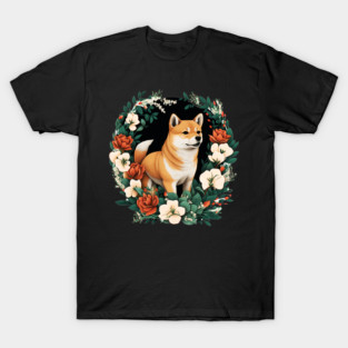 Shiba Inu Dog, Rose, Floral Ornament T-Shirt