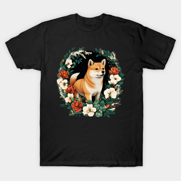 Shiba Inu Dog, Rose, Floral Ornament T-Shirt by logiamerch