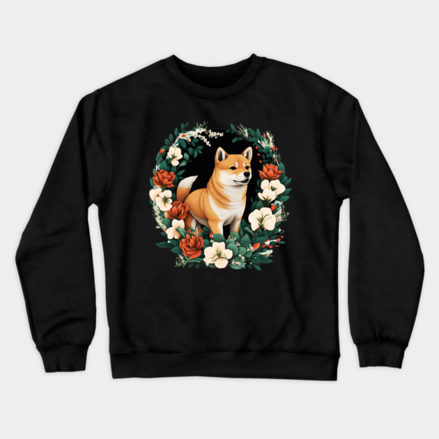Shiba Inu Dog, Rose, Floral Ornament Crewneck Sweatshirt by logiamerch