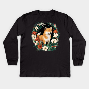 Shiba Inu Dog, Rose, Floral Ornament Kids Long Sleeve T-Shirt