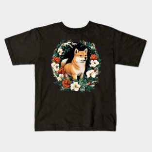 Shiba Inu Dog, Rose, Floral Ornament Kids T-Shirt