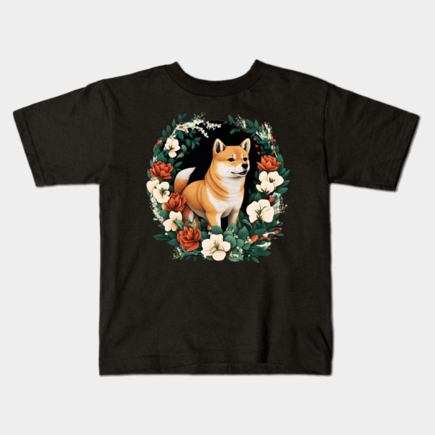 Shiba Inu Dog, Rose, Floral Ornament Kids T-Shirt by logiamerch