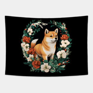 Shiba Inu Dog, Rose, Floral Ornament Tapestry