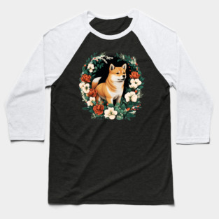 Shiba Inu Dog, Rose, Floral Ornament Baseball T-Shirt