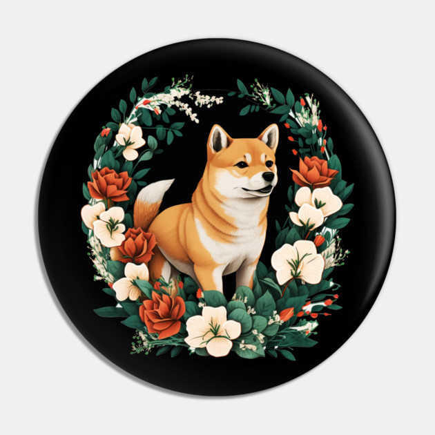 Shiba Inu Dog, Rose, Floral Ornament Pin by logiamerch