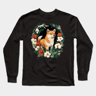 Shiba Inu Dog, Rose, Floral Ornament Long Sleeve T-Shirt