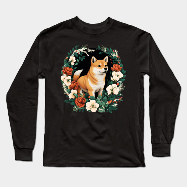 Shiba Inu Dog, Rose, Floral Ornament Long Sleeve T-Shirt by logiamerch